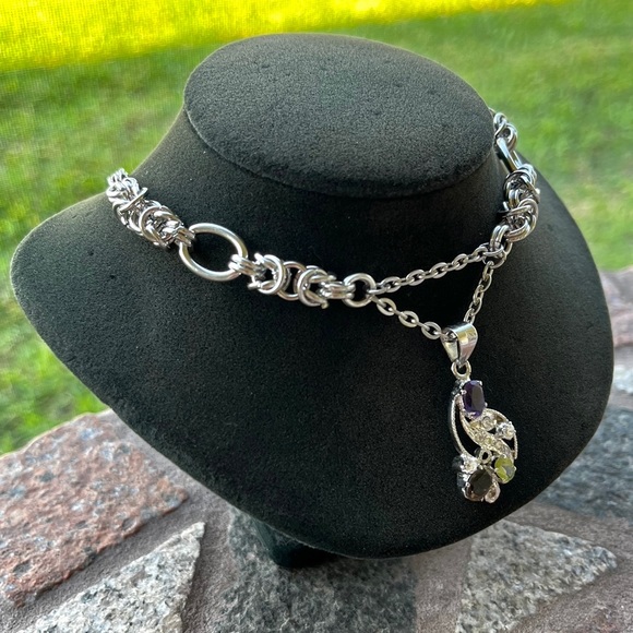 Handmade maille links stainless steel chains + sterling silver amethyst peridot - Picture 7 of 16